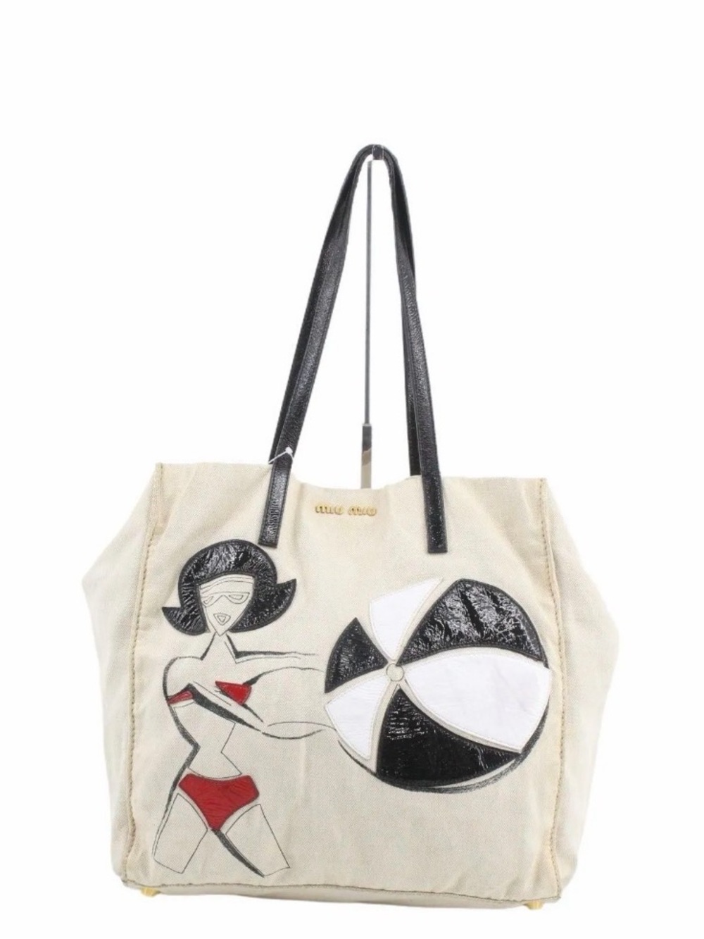 Authentic Vintage Miu Miu Cream Canvas Tote with Black and Red Accent Appliqué